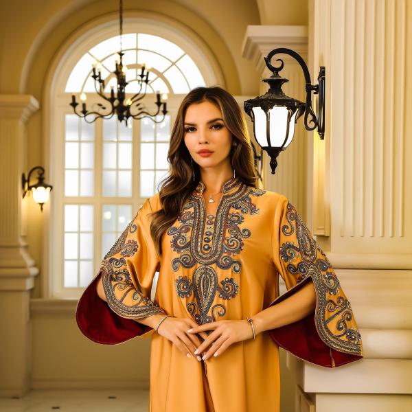 SunWaqi Abaya Rope Embroidery Dress. Orange