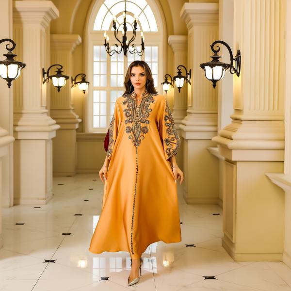 SunWaqi Abaya Rope Embroidery Dress. Orange