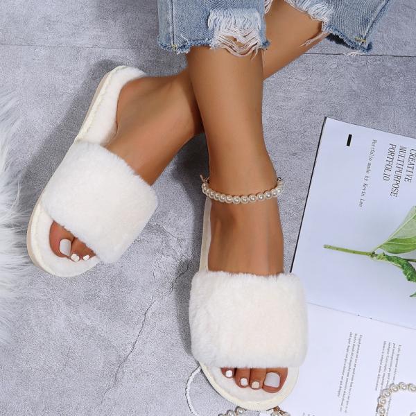 SunWaqi Ladies Plush Flat Slippers. White