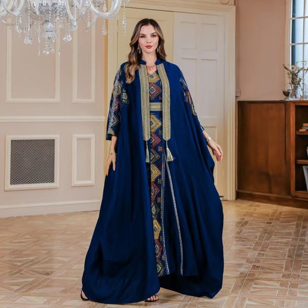 SunWaqi Abaya Light Luxury Evening Dress 2-piece set. Dark Blue