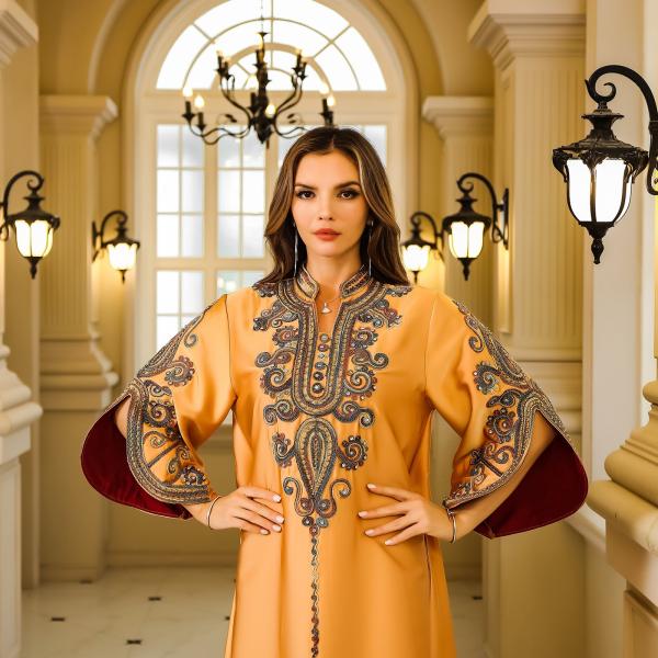 SunWaqi Abaya Rope Embroidery Dress. Orange