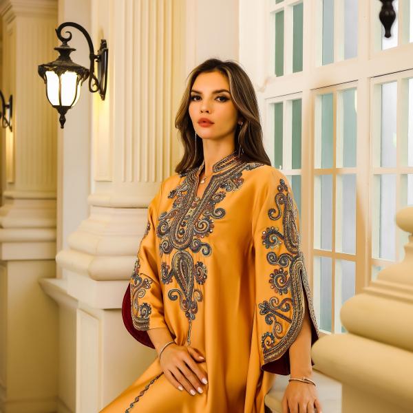 SunWaqi Abaya Rope Embroidery Dress. Orange