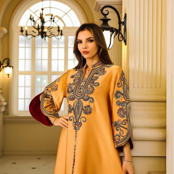SunWaqi Abaya Rope Embroidery Dress. Orange