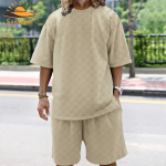 SunWaqi Men's Summer Casual Solid Color Jacquard Drop-Shoulder Extra Wide Loose T-Shirt And Shorts Set. Khaki.