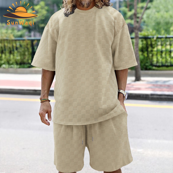 SunWaqi Men's Summer Casual Solid Color Jacquard Drop-Shoulder Extra Wide Loose T-Shirt And Shorts Set. Khaki.