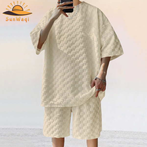 SunWaqi Men's Summer Casual Solid Color Jacquard Drop-Shoulder Extra Wide Loose T-Shirt And Shorts Set. Khaki.