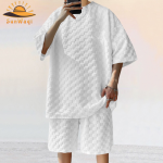 SunWaqi Men's Summer Casual Solid Color Jacquard Drop-Shoulder Extra Wide Loose T-Shirt And Shorts Set. White.