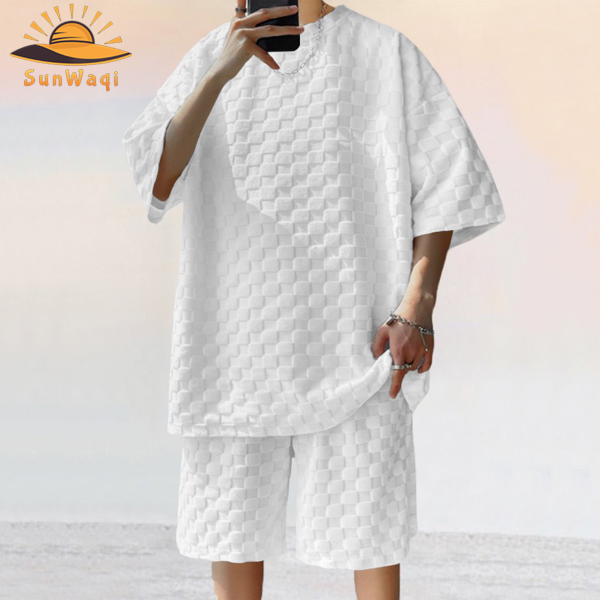 SunWaqi Men's Summer Casual Solid Color Jacquard Drop-Shoulder Extra Wide Loose T-Shirt And Shorts Set. White.