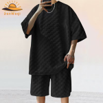 SunWaqi Men's Summer Casual Solid Color Jacquard Drop-Shoulder Extra Wide Loose T-Shirt And Shorts Set. Black.