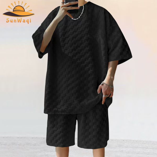SunWaqi Men's Summer Casual Solid Color Jacquard Drop-Shoulder Extra Wide Loose T-Shirt And Shorts Set. Black.