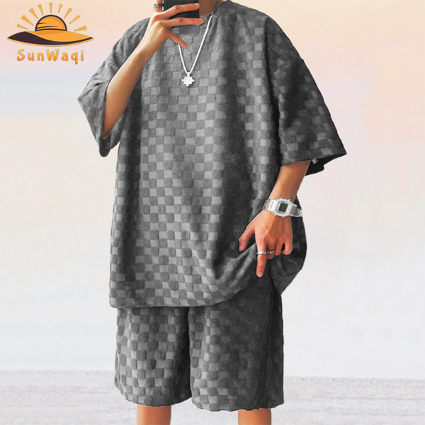 SunWaqi Men's Summer Casual Solid Color Jacquard Drop-Shoulder Extra Wide Loose T-Shirt And Shorts Set. Gray.