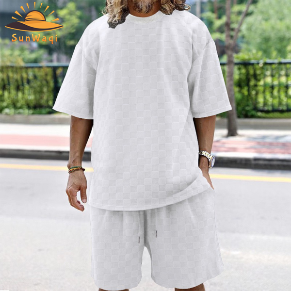 SunWaqi Men's Summer Casual Solid Color Jacquard Drop-Shoulder Extra Wide Loose T-Shirt And Shorts Set. White.