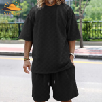 SunWaqi Men's Summer Casual Solid Color Jacquard Drop-Shoulder Extra Wide Loose T-Shirt And Shorts Set. Black.