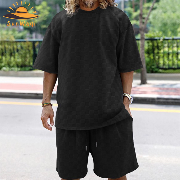 SunWaqi Men's Summer Casual Solid Color Jacquard Drop-Shoulder Extra Wide Loose T-Shirt And Shorts Set. Black.