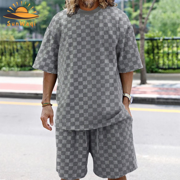 SunWaqi Men's Summer Casual Solid Color Jacquard Drop-Shoulder Extra Wide Loose T-Shirt And Shorts Set. Gray.