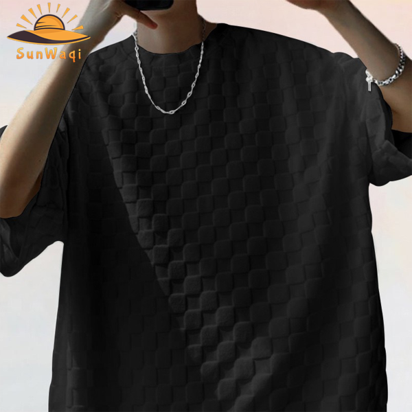 SunWaqi Men's Summer Casual Solid Color Jacquard Drop-Shoulder Extra Wide Loose T-Shirt And Shorts Set. Black.