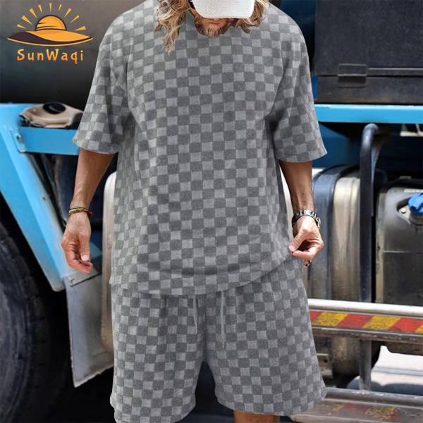 SunWaqi Men's Summer Casual Solid Color Jacquard Drop-Shoulder Extra Wide Loose T-Shirt And Shorts Set. Gray.