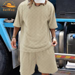 SunWaqi Men's Summer Casual Solid Color Jacquard Drop-Shoulder Extra Wide Loose T-Shirt And Shorts Set. Khaki.