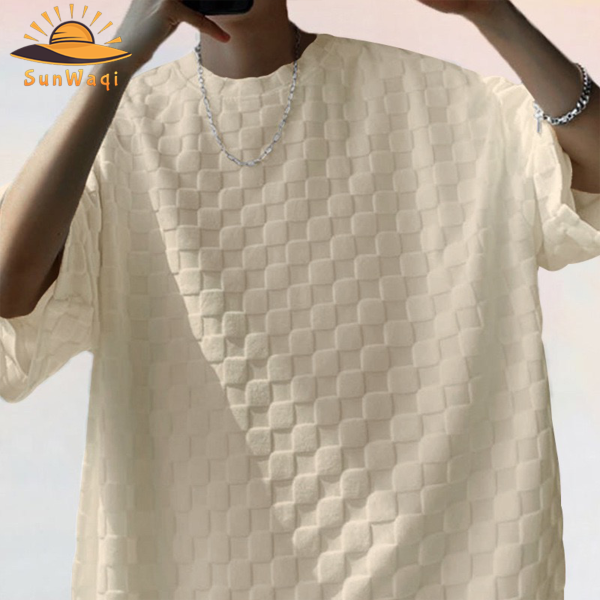 SunWaqi Men's Summer Casual Solid Color Jacquard Drop-Shoulder Extra Wide Loose T-Shirt And Shorts Set. Khaki.