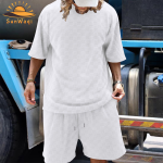SunWaqi Men's Summer Casual Solid Color Jacquard Drop-Shoulder Extra Wide Loose T-Shirt And Shorts Set. White.