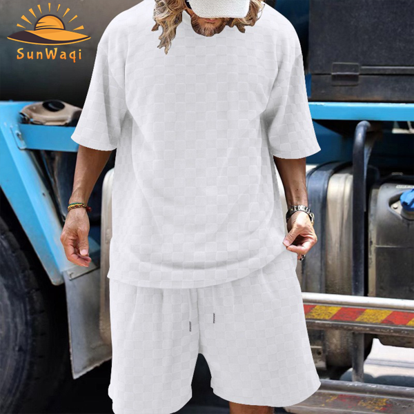 SunWaqi Men's Summer Casual Solid Color Jacquard Drop-Shoulder Extra Wide Loose T-Shirt And Shorts Set. White.