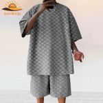 SunWaqi Men's Summer Casual Solid Color Jacquard Drop-Shoulder Extra Wide Loose T-Shirt And Shorts Set. Gray.