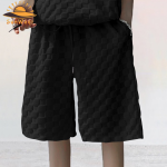 SunWaqi Men's Summer Casual Solid Color Jacquard Drop-Shoulder Extra Wide Loose T-Shirt And Shorts Set. Black.