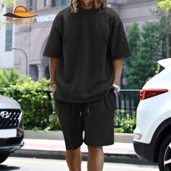SunWaqi Men's Summer Casual Solid Color Jacquard Drop-Shoulder Extra Wide Loose T-Shirt And Shorts Set. Black.