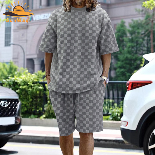 SunWaqi Men's Summer Casual Solid Color Jacquard Drop-Shoulder Extra Wide Loose T-Shirt And Shorts Set. Gray.
