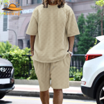 SunWaqi Men's Summer Casual Solid Color Jacquard Drop-Shoulder Extra Wide Loose T-Shirt And Shorts Set. Khaki.