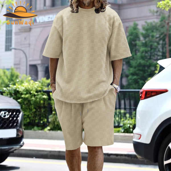 SunWaqi Men's Summer Casual Solid Color Jacquard Drop-Shoulder Extra Wide Loose T-Shirt And Shorts Set. Khaki.
