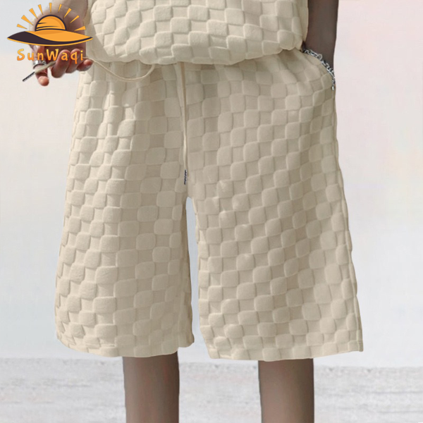 SunWaqi Men's Summer Casual Solid Color Jacquard Drop-Shoulder Extra Wide Loose T-Shirt And Shorts Set. Khaki.