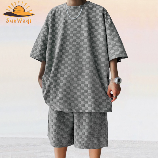 SunWaqi Men's Summer Casual Solid Color Jacquard Drop-Shoulder Extra Wide Loose T-Shirt And Shorts Set. Gray.