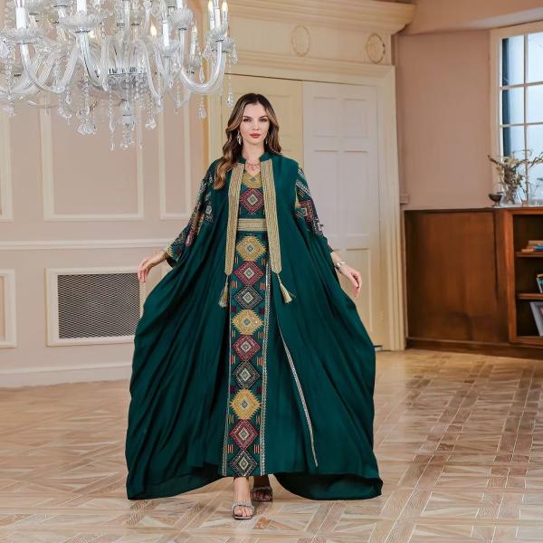 SunWaqi Abaya Light Luxury Evening Dress 2-piece set. Dark Green