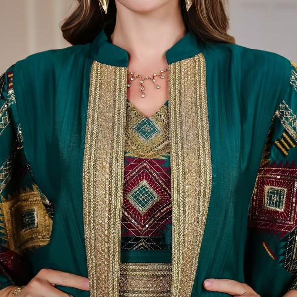 SunWaqi Abaya Light Luxury Evening Dress 2-piece set. Dark Green