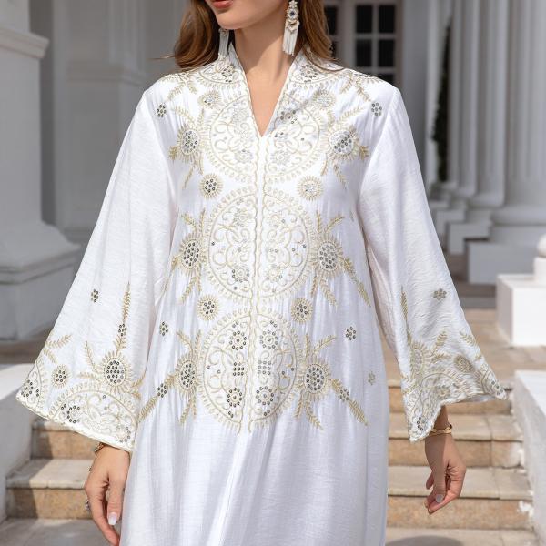 SunWaqi Abaya Embroidered Robe Evening Dress. White