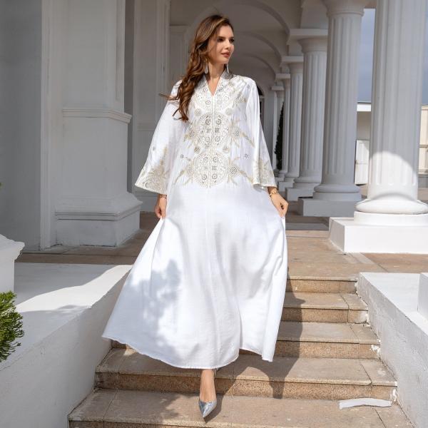 SunWaqi Abaya Embroidered Robe Evening Dress. White