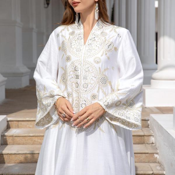 SunWaqi Abaya Embroidered Robe Evening Dress. White