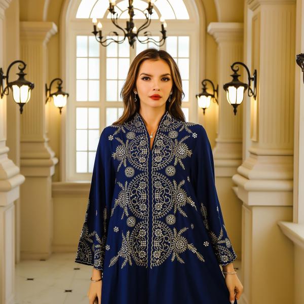 SunWaqi Abaya Embroidered Robe Evening Dress. Blue