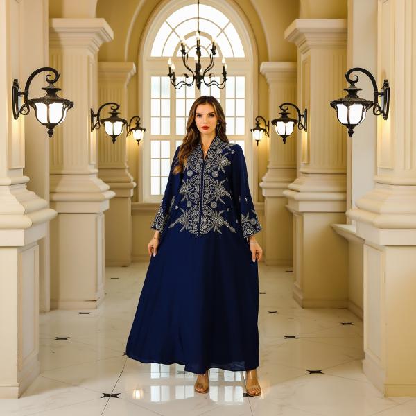 SunWaqi Abaya Embroidered Robe Evening Dress. Blue