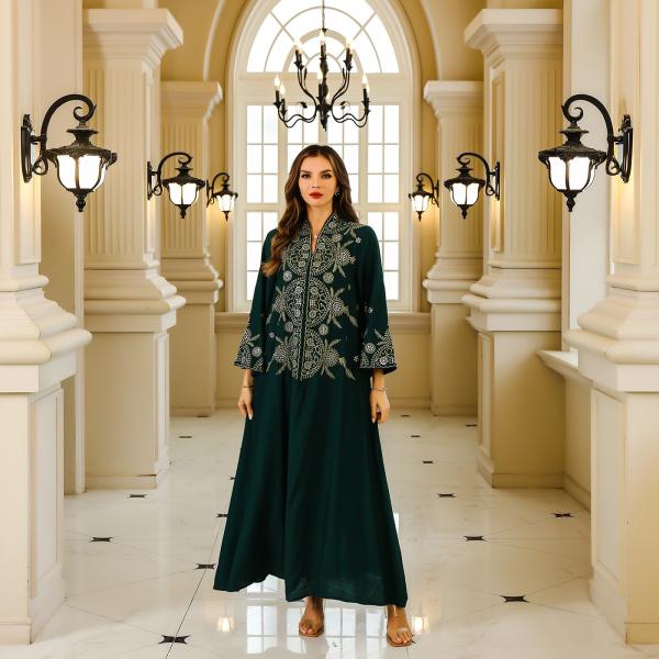 SunWaqi Abaya Embroidered Robe Evening Dress. Dark Green