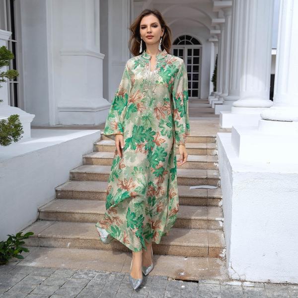 SunWaqi Abaya Summer Printed Robe Dress. Green