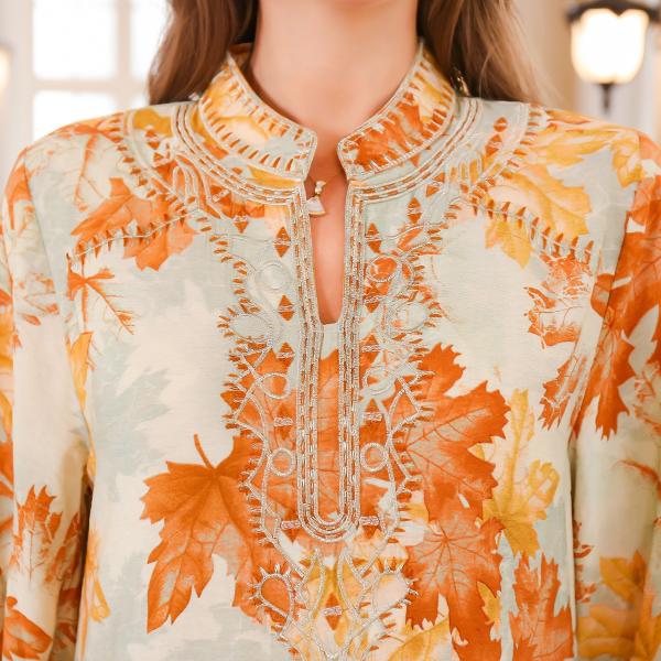 SunWaqi Abaya Summer Printed Robe Dress. Orange Yellow