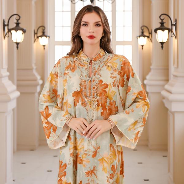 SunWaqi Abaya Summer Printed Robe Dress. Orange Yellow