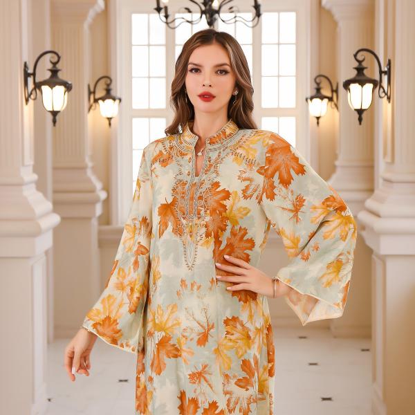 SunWaqi Abaya Summer Printed Robe Dress. Orange Yellow