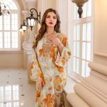 SunWaqi Abaya Summer Printed Robe Dress. Orange Yellow