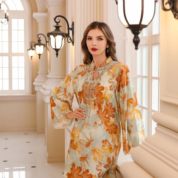 SunWaqi Abaya Summer Printed Robe Dress. Orange Yellow