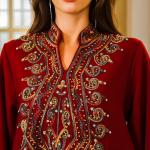 SunWaqi Abaya Rope Embroidery Dress. Red