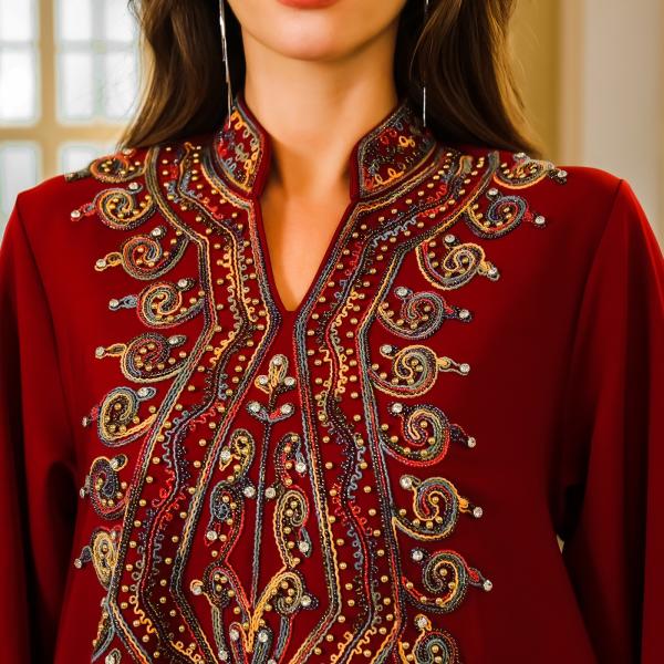 SunWaqi Abaya Rope Embroidery Dress. Red