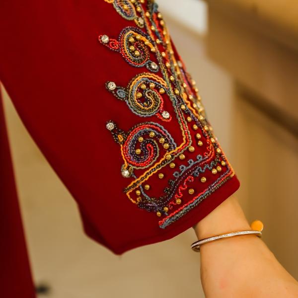 SunWaqi Abaya Rope Embroidery Dress. Red